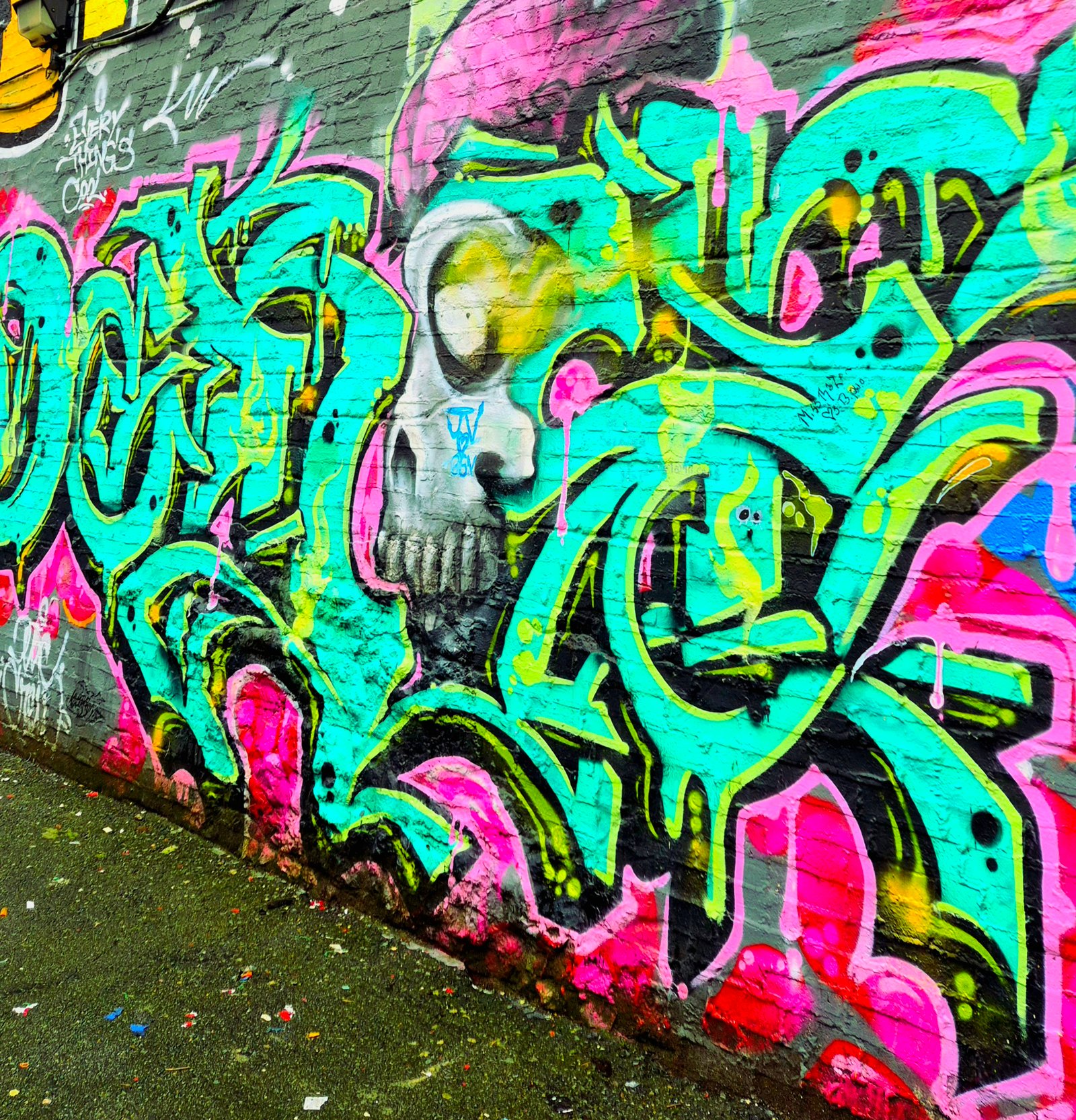 Graffiti throw-up with a skull surrounded by teal and pink pieces