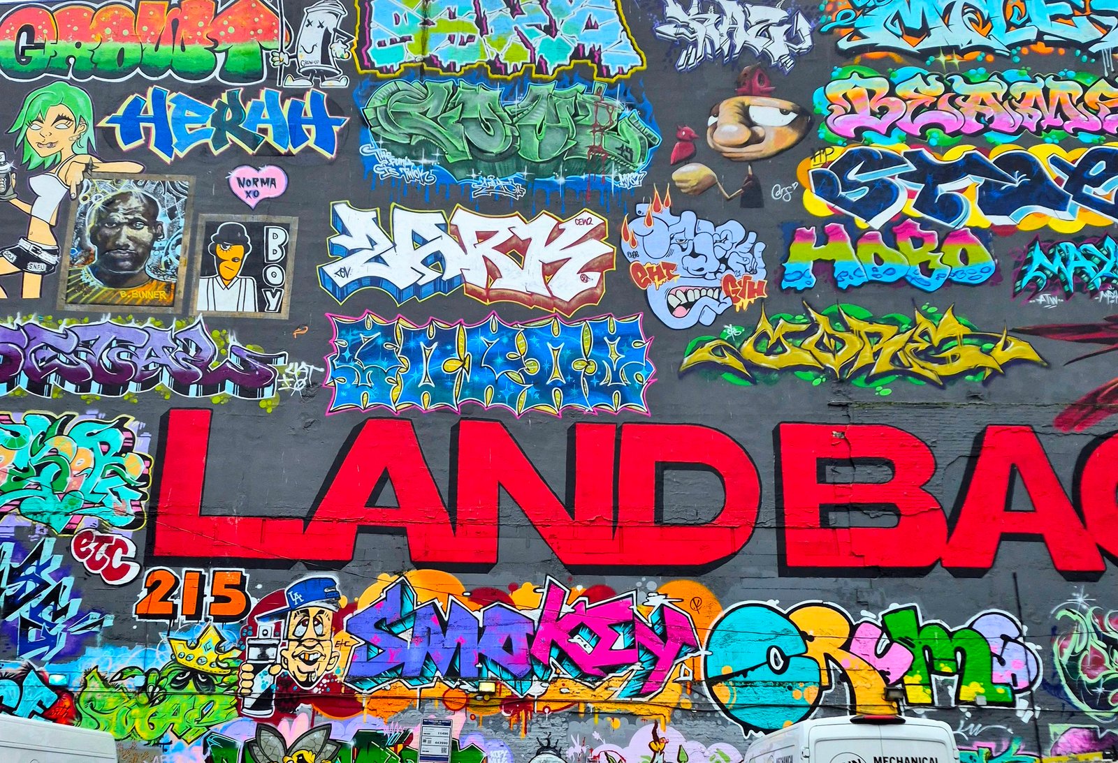 LAND BACK mural across a wall dense with graffiti tags